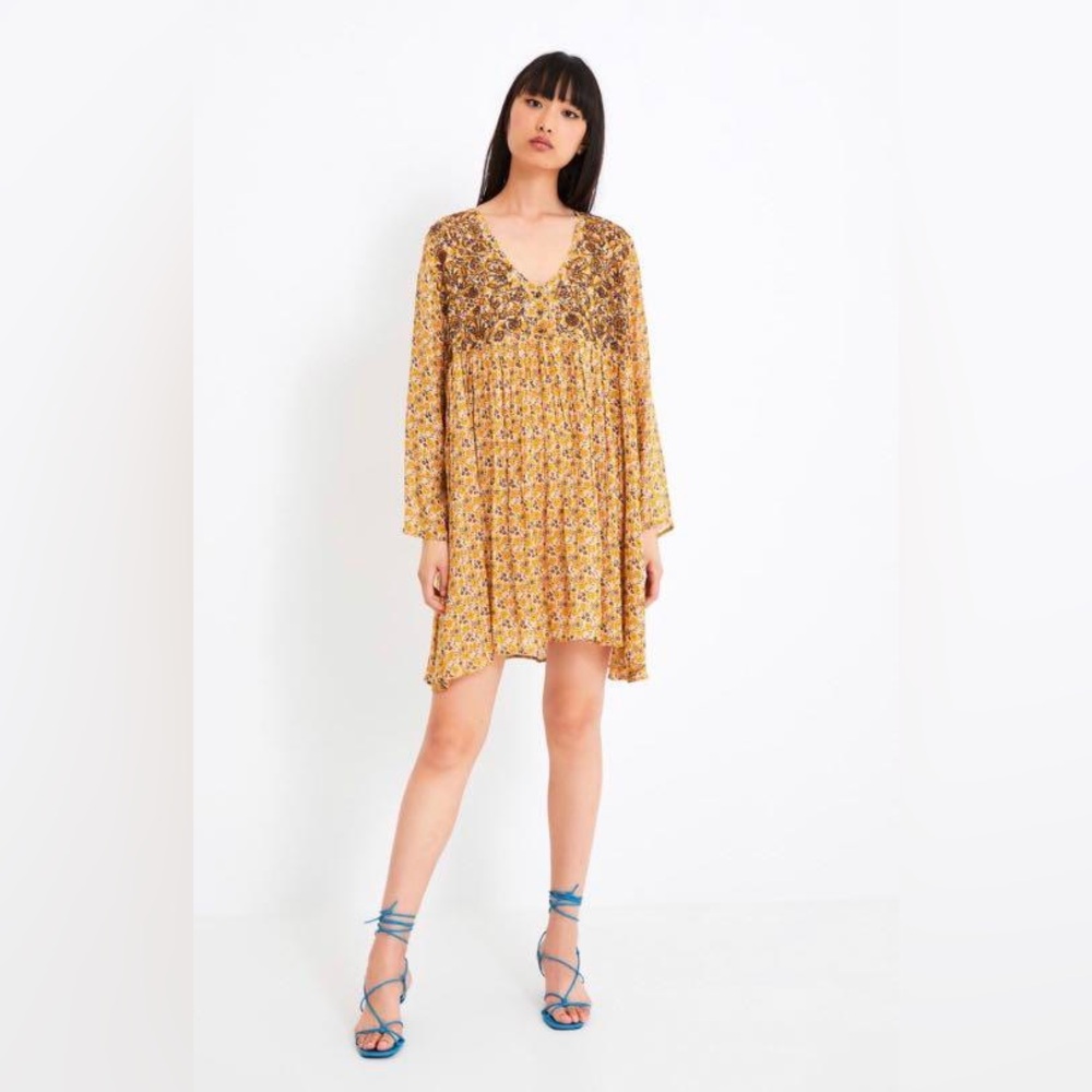 ZARA Floral Embroidered Long Sleeve Mini Dress Mustard Yellow - XS - Picture 6 of 16
